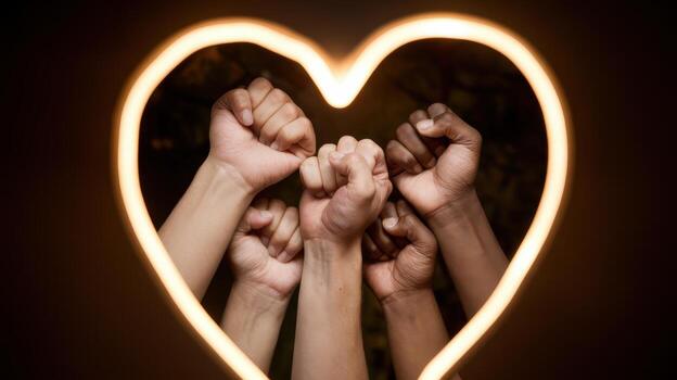 Diverse Group Raising Clenched Fists Within a Glowing Heart Shape Together photo