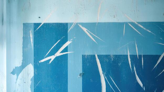 Blue Wall With Geometric Design Showing Peeling Paint and Scratches photo