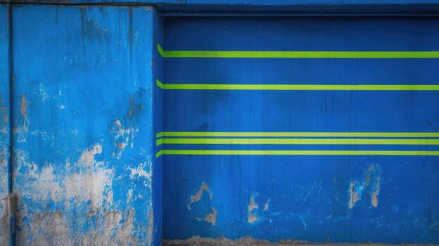 Worn Blue Wall With Green Lines and Peeling Paint in a Decayed Urban Setting photo