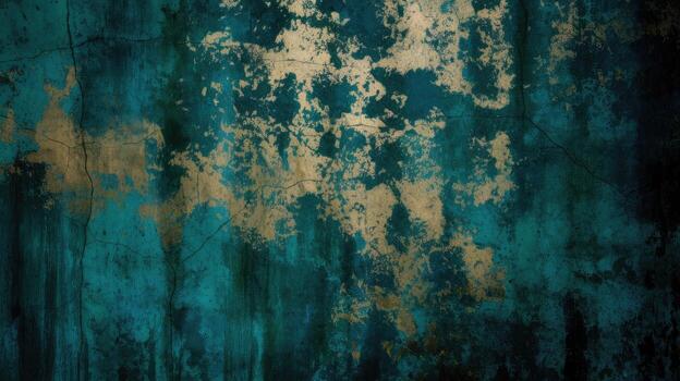 Abstract Texture of a Decaying Wall With Turquoise and Gold Paint Patterns photo