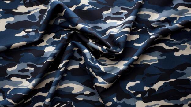 Blue Camouflage Patterned Fabric With Folds and Highlights in Soft Lighting photo