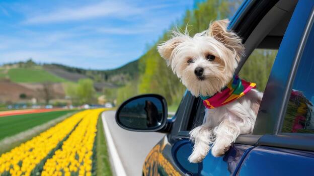 Small Dog Enjoys Car Ride Through Tulip Fields on a Sunny Spring Day photo