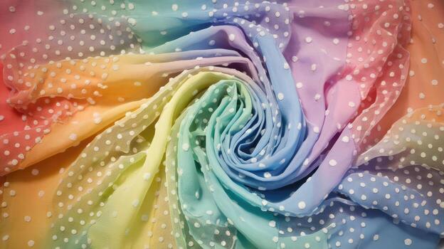 Pastel Rainbow Colored Fabric With White Polka Dots, Beautifully Draped in a Swirl Pattern photo