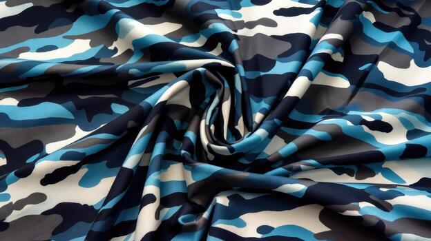 Blue Camouflage Fabric is Draped With Flowing Folds and Shadow Detail photo