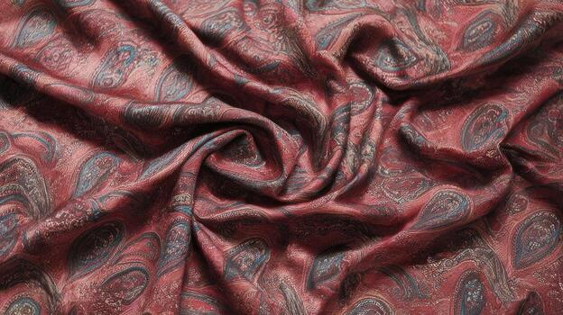 Maroon Fabric Showing Intricate Paisley Pattern in Varying Shades of Red and Blue photo