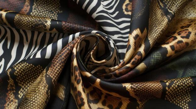 Luxurious Fabric Showing Exotic Animal Prints Like Zebra, Leopard, and Snake Skin photo
