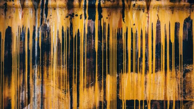 Yellow and Black Paint Drips Down a Weathered Wall in the Bright Sunlight Creating a Unique Abstract photo