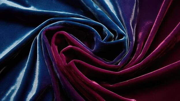 Luxurious Velvet Fabric in Blue and Pink is Draped and Folded, Showing Depth and Texture photo