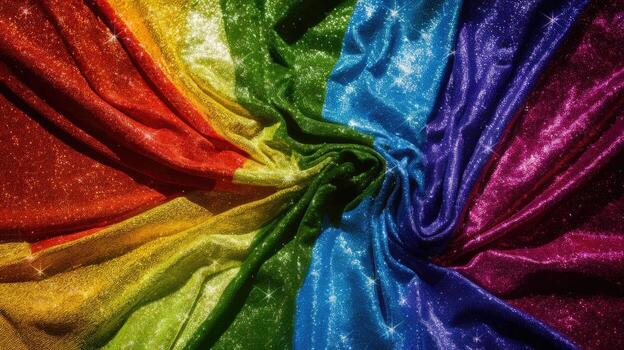 Rainbow Colored Fabric Glistens in Soft Light, Folded Into a Circle photo