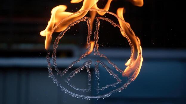 Water Forms a Symbol for Peace Outlined in Fire Against a Dark Backdrop photo
