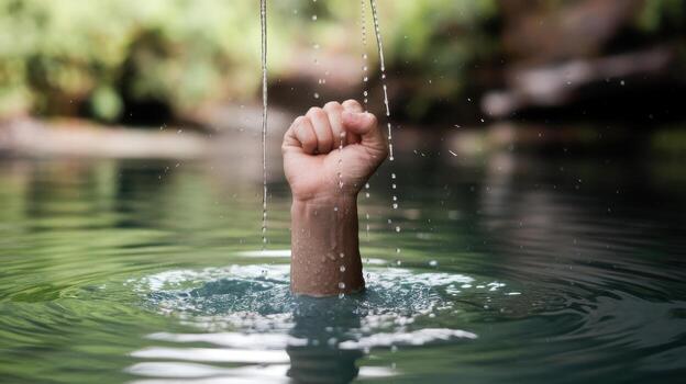 Raised Fist Breaking Through Surface of a Green Pond During Daylight photo