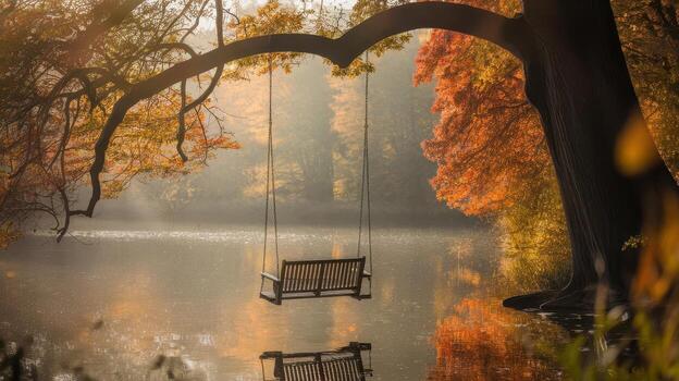 Peaceful Scene of a Swing Over a Lake During Autumn in the Morning photo