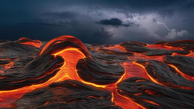 Active Lava Flowing and Solidifying as Lightning Strikes the Dark Sky photo
