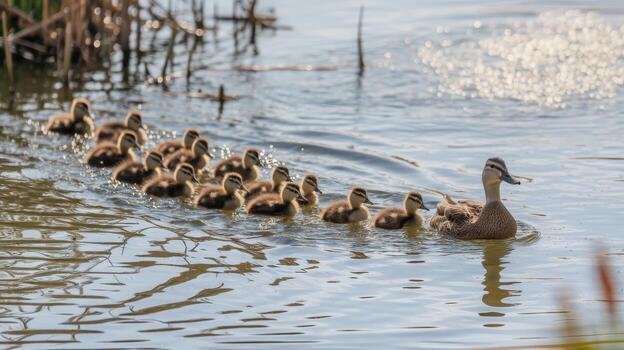 Mother Duck Swimming in Lake With Many Ducklings Following photo