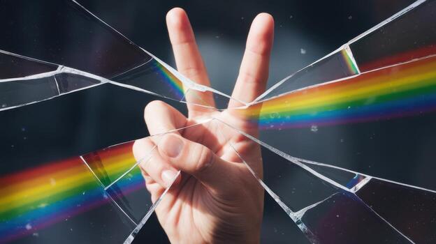 Hand Showing Peace Sign Behind Broken Glass With Rainbow Effect, Abstract Art photo