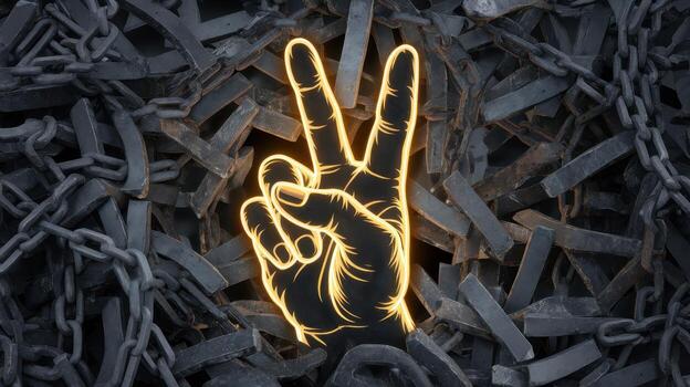 Glowing Hand Making a V Sign on Chains and Metallic Pieces photo