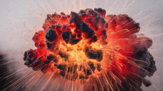 Massive Daytime Explosion With Flying Sparks and Smoke Clouds photo