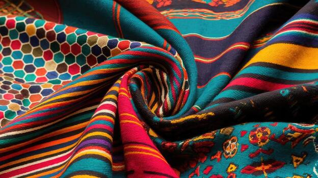 Close up of a Brightly Colored Patterned Scarf With Varied Patterns and Textures photo