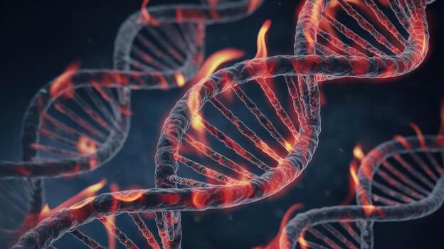 Flaming Deoxyribonucleic Acid Strands Burning With a Fiery Red Glow in a Dark Scene photo