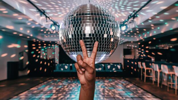 Hand Showing Peace Sign in Front of Disco Ball at a Party photo