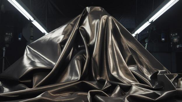 Something is Being Unveiled in a Dark Room by a Shiny Dark Cloth and Studio Lights photo