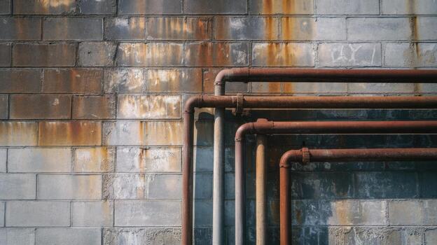 Rusty Pipes Run Along Weathered Concrete Block Wall Outside photo