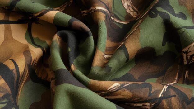 Close up of Textured Camouflage Fabric With Green and Brown Patterns photo