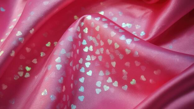 Close up of Shiny Pink Fabric With Small, Iridescent Hearts, Draped and Folded photo