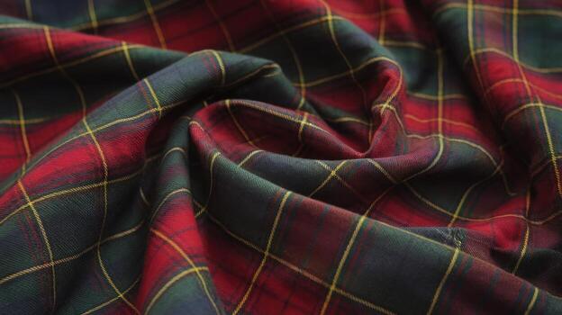 Red and Green Tartan Fabric is Draped With Folds Creating Depth and Shadow photo