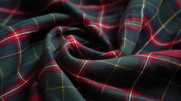 Close up of Crumpled Tartan Fabric in Green, Red, and White Colors photo