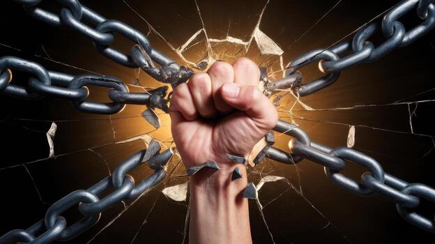 Fist Breaking Through Glass and Chains Symbolizing Freedom photo