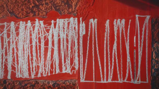 Abstract Red Background With White Lines Art on a Stone Wall at Midday photo