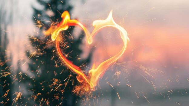 Flaming Heart of Fire Burning Brightly With Sparks on an Outdoor Cloudy Background photo
