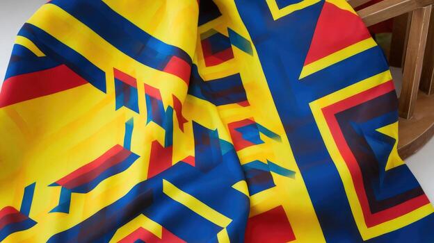 Vibrant Geometric Fabric With Blue, Yellow, and Red Design photo