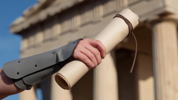 Hand Holding Scroll With Building Columns in Athens, Greece on Sunny Day photo