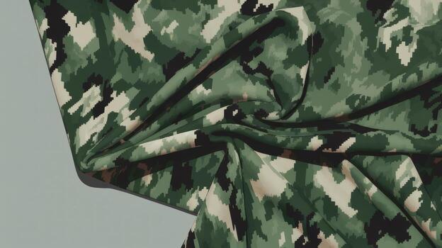 Camouflage Fabric Draped Against a Plain Light Blue Backdrop Creating Folds and Shadows photo