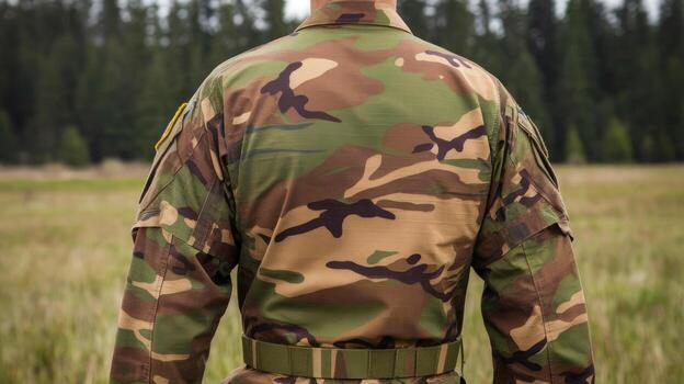 Back View of a Soldier in Uniform Standing Outdoors in Daylight photo