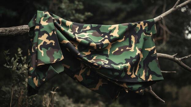 Camouflage Patterned Fabric Draped Over a Bare Tree Branch Outdoors photo