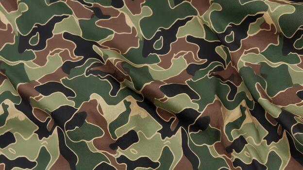 Close up of Folded Fabric Showing a Classic Camouflage Pattern in Brown and Green photo