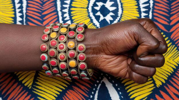 Person Wearing Colorful Bracelets on Their Wrist Against a Patterned Cloth Background photo