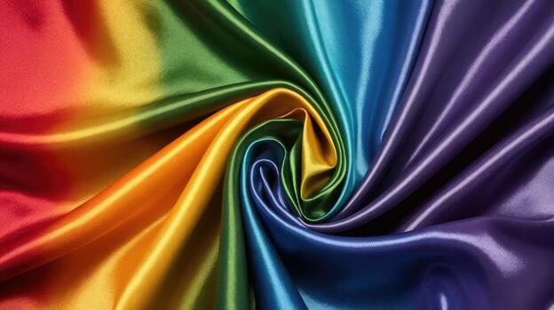 Rainbow Colored Satin Fabric Arranged in a Swirl Pattern Showing Vivid Color Transition photo