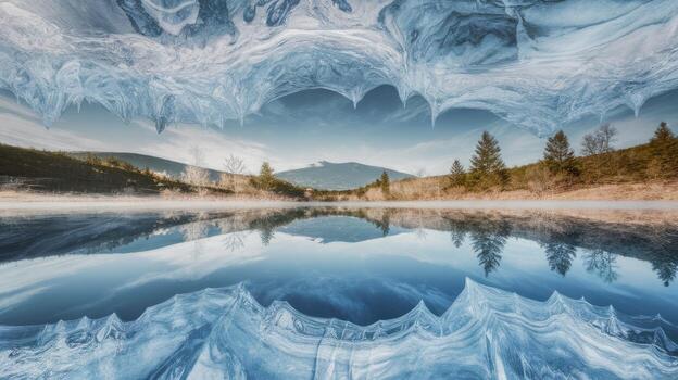 Mirror Lake Reflections of Hills, Sky, and Abstract Ice at Winter photo