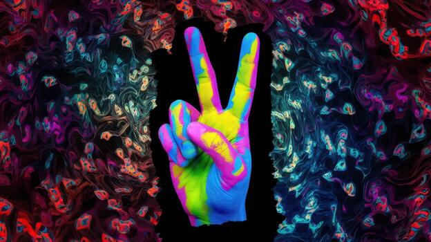 Painted Hand Displays a Peace Sign Against an Abstract Multicolored Background With a Black Center photo