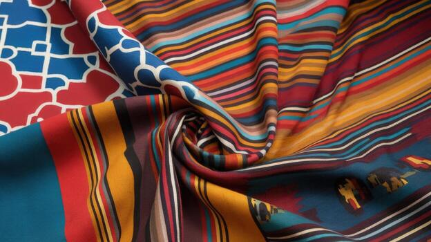 cerca arriba de multicolor tela con rayas y estampado diseños foto