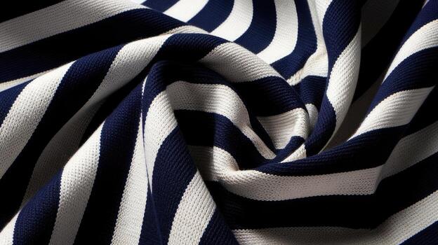 Crumpled Fabric Shows a Repeating Pattern of Navy and White Stripes, Creating a Wavy Design photo