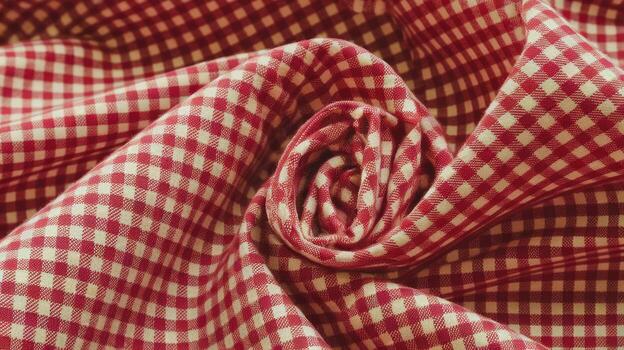 Red and White Gingham Fabric Swirled and Folded to Create a Textured Design photo