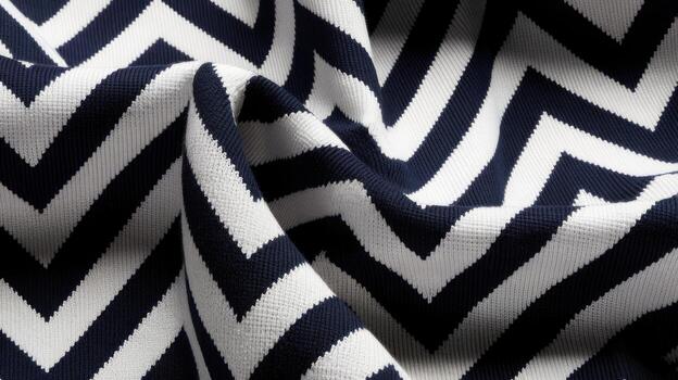 Close up of Folded Navy Blue and White Chevron Patterned Fabric photo