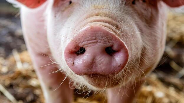 Close up of a Pink Pig Snouting Around on a Farm During the Daytime photo