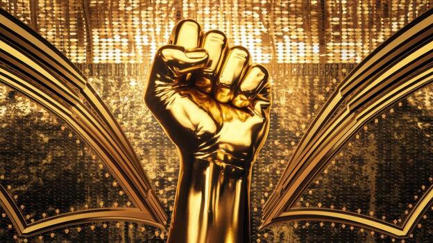 Golden Clenched Fist Rises Against a Metallic Gold Abstract Background photo