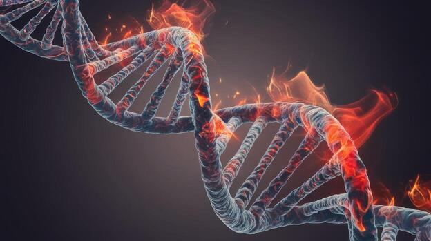 Burning Dna Structure is Visualized in Detail on a Dark Background, With Fire Consuming It photo